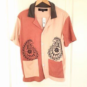 NWT Pacsun Men's Block Embroidery Terry Camp Shirt Red Pink Size S